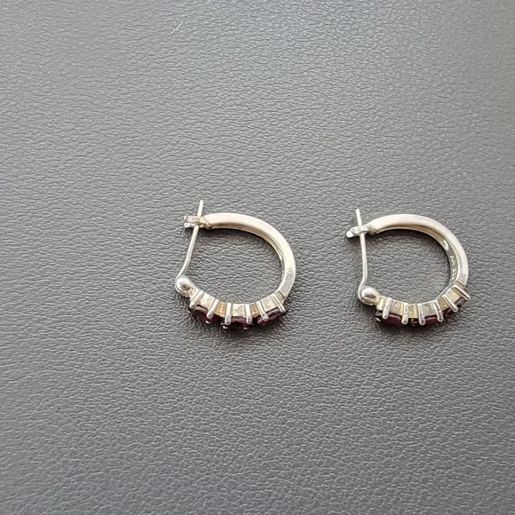 Sterling Silver Garnet Hoop Earrings – Marked 925 NV - Picture 5 of 7